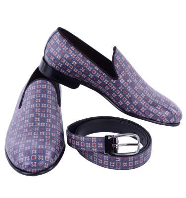 Dauphine Leather Loafer Shoes MILANO and Belt Gift Set Blue Red