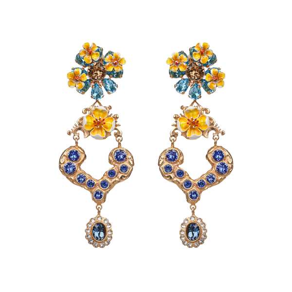 Clip Earrings adorned with hand-painted flowers, pendant and crystals in blue and gold by DOLCE & GABBANA