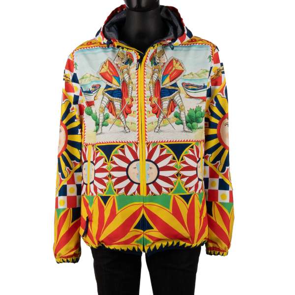 Oversize Carretto Siciliano printed rain jacket with hoody and zip closure with logo pendant by DOLCE & GABBANA