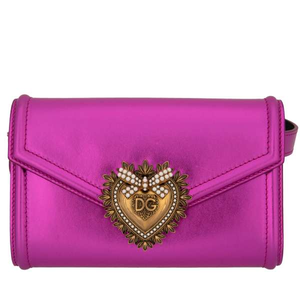 Small metallic nappa leather Belt Bag / Clutch DEVOTION with a large Sacred Heart DG Logo with pearls and detachable belt by DOLCE & GABBANA