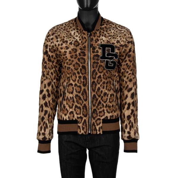 Quilted and padded leopard printed bomber jacket made of nylon with embroidered DG Logo by DOLCE & GABBANA