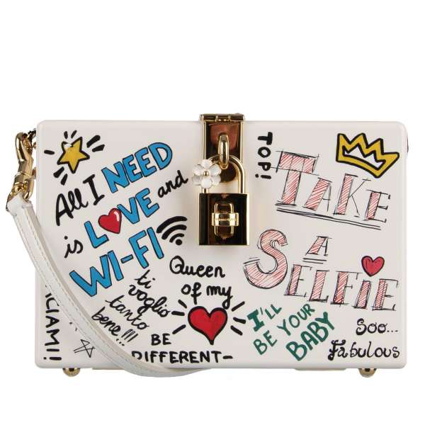 Mural Graffiti shoulder bag / clutch DOLCE BOX with letterings "All I need is WiFi" , "I Am aStar" , "Take a Selfie", "Life Is Beautiful" , "Be Different" and others by DOLCE & GABBANA
