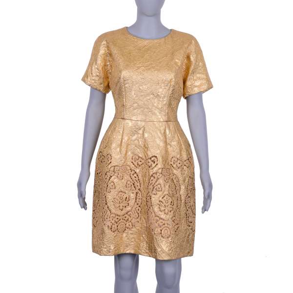 Barock Kleid mit Kristall-Broschen in Gold aus Blumen Jacquard von DOLCE & GABBANA Black Label