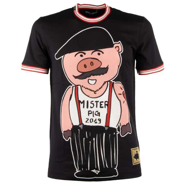 Printed cotton T-Shirt with Mister Pig 2019 print and logo sticker by DOLCE & GABBANA