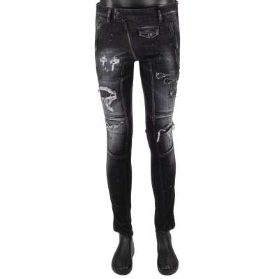 Distressed Logo Skinny 5-Pockets Jeans Hose Grau Schwarz 