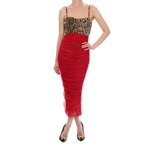 Runway Korsett Kleid aus Stretch Tüll mit Leoparden Print in Rot und Braun von DOLCE & GABBANA SARTORIA