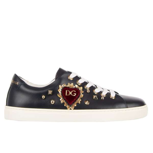Leather Sneaker LONDON with DG velvet Heart patch and studs in dark blue and white by DOLCE & GABBANA