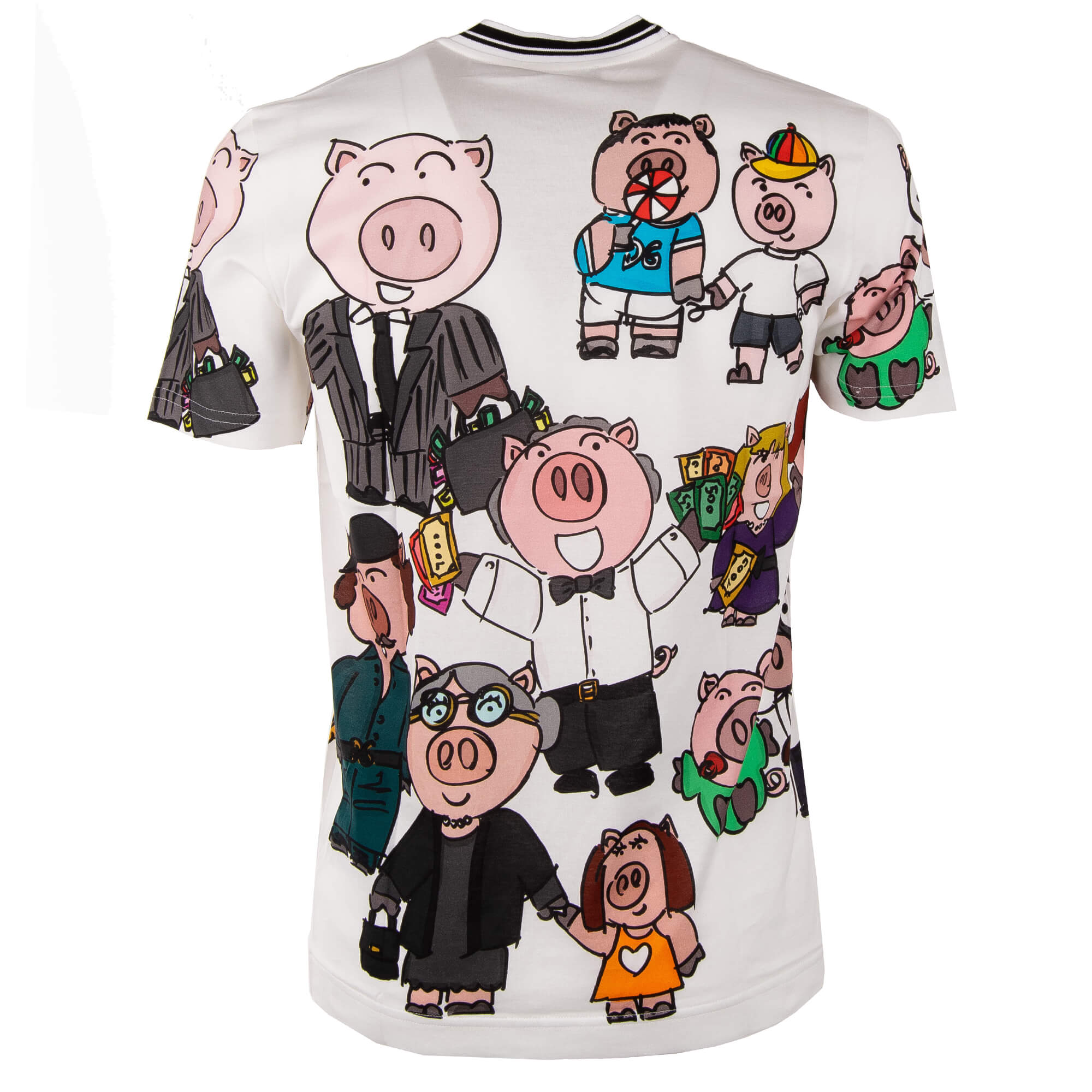 Dolce Gabbana Pigs Printed Cotton T Shirt with Logo Sticker