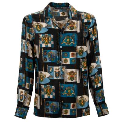 Baroque Lion Coat of Arms Crown Wide Fit Silk Shirt Black Blue