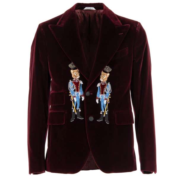 Velvet blazer with peak lapel and pearl crowns and royal foxes embroidery in bordeaux by DOLCE & GABBANA
