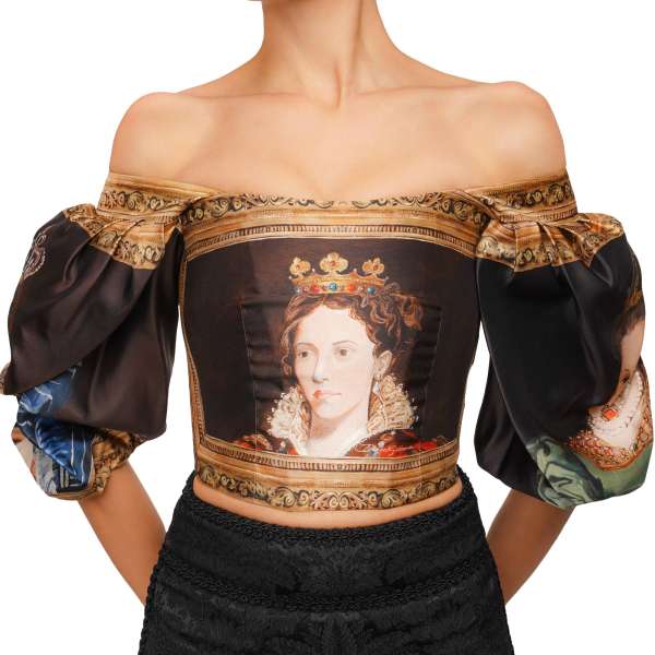 Baroque Silk Corsage Top with Crown Queen print and ballon sleeves in brown and blue by DOLCE & GABBANA
