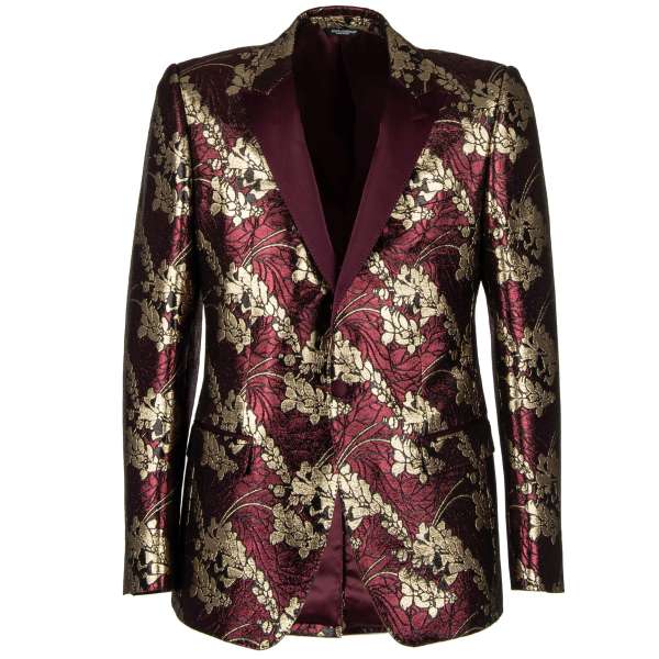 Glänzender Lurex Tuxedo Blazer SICILIA in Bordeaux und Gold mit floralem Muster und Kontrast Spitz-Revers aus Seide von DOLCE & GABBANA