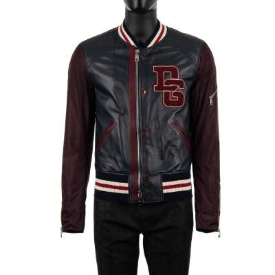 Varsity Leather Jacket with DG Logo and Knit Details Blue Red