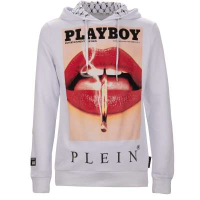 Lips Cover and Logo Printed Hoodie Sweater White