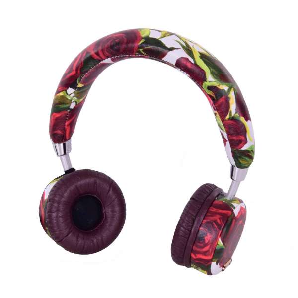 Exclusive nappa leather Roses printed bluetooth wireless headphones by Dolce & Gabbana Black Line