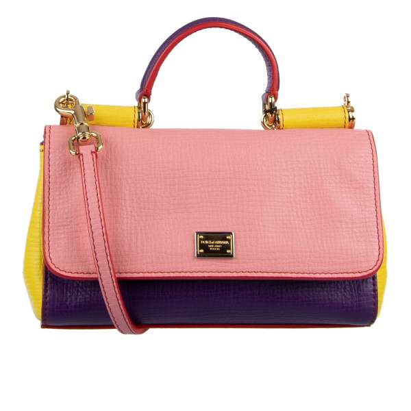 Soft Calf Leather Tote / Shoulder Bag MISS SICILY Mini in baguette shape with pockets in pink / purple / yellow colors by DOLCE & GABBANA
