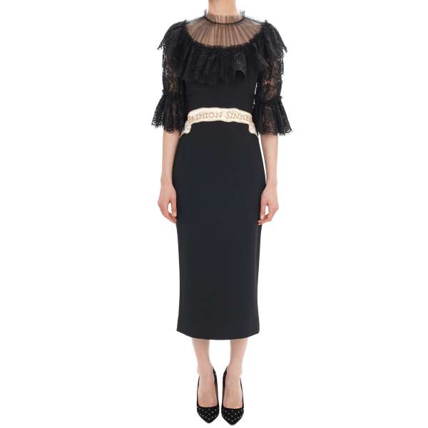 Dress with lace and silk pearl embroidered Fashion Sinner ribbon in black by DOLCE & GABBANA 