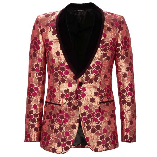 Floral jacquard tuxedo blazer with round velvet collar in gold and pink by DOLCE & GABBANA 