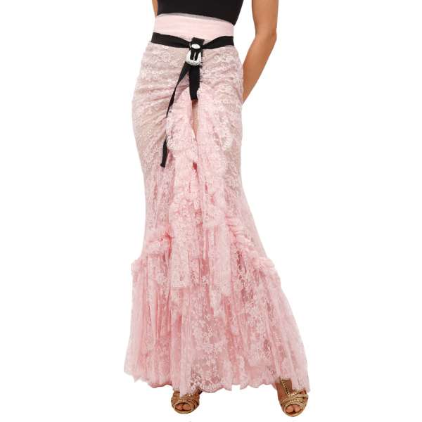 Baroque style ruffled tulle and glitter lace skirt with belt in pink and beige by DSQUARED2