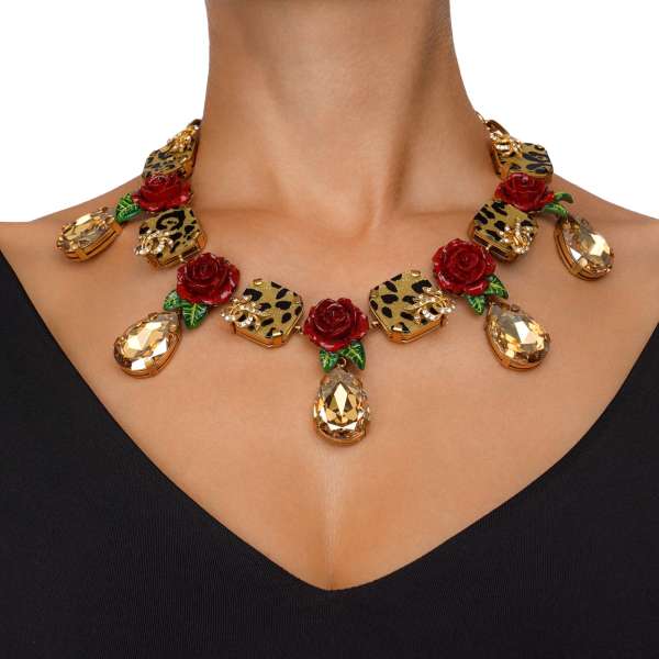 Chocker necklace with hand-painted roses, crystals and filigree elements wih leopard pattern in gold by DOLCE & GABBANA