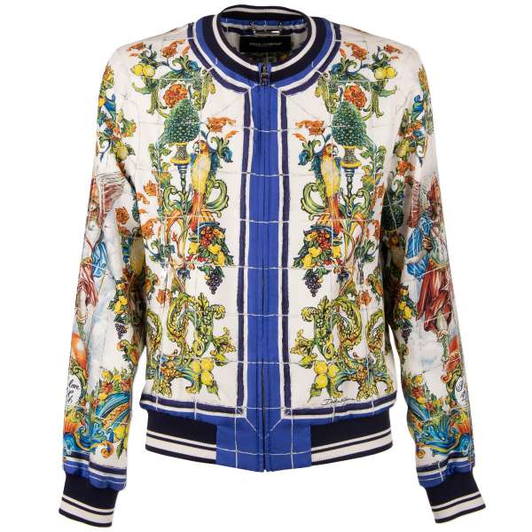 Baroque and Majolica motive printed bomber jacket made of silk with Logo details by DOLCE & GABBANA