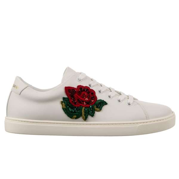 Leather Sneaker LONDON with pearl and sequins Rose embroidered patches in white by DOLCE & GABBANA