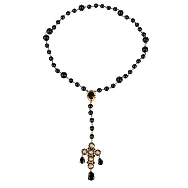 Barock Kette mit Kreuz, Perlen und Kristallen Applikationen in schwarz und gold von DOLCE & GABBANA 