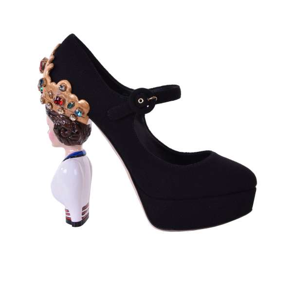 Extravagante Mary Jane Plateau Pumps COCO aus Schurwolle mit Absatz aus Keramik-Puppe und Kristall-Krone von DOLCE & GABBANA Black Label