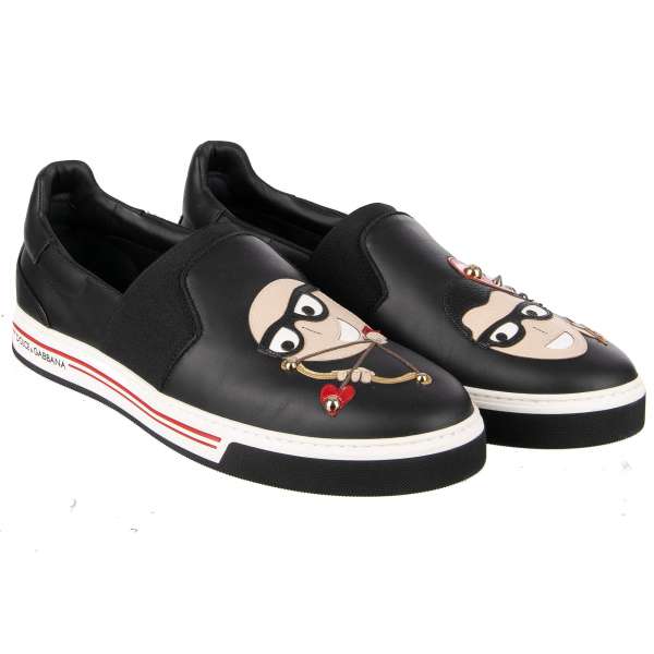 Leather Slip-On Sneaker ROMA #DGFAMILY with studded embroidered avatars of D. Dolce and S. Gabbana print by DOLCE & GABBANA