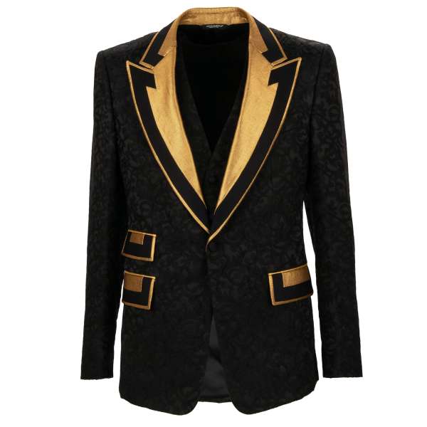 Baroque jacquard jacket with vest, embellished with gold elements and peak lapel by DOLCE & GABBANA 