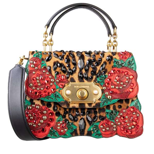 Leopard printed Tote / Shoulder Bag WELCOME Medium made of fur and leather with crystals, studs, roses embroidery and double handle by DOLCE & GABBANA