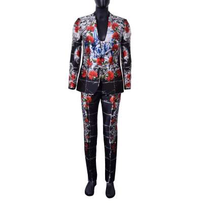 3-Pieces Torero Carnation Printed Silk Suit Black White