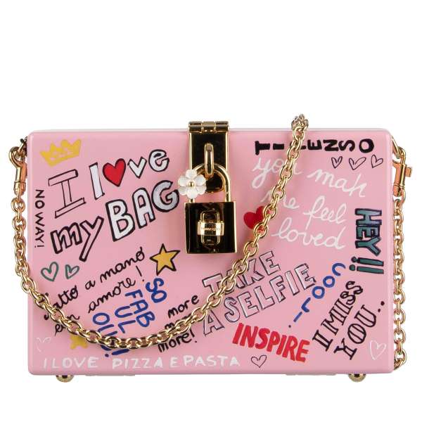 Mural Graffiti shoulder bag / clutch DOLCE BOX with letterings "I Love my Bag" , "I Miss You" , "Take a Selfie", "Life Is Beautiful" , "DG Family" and others by DOLCE & GABBANA