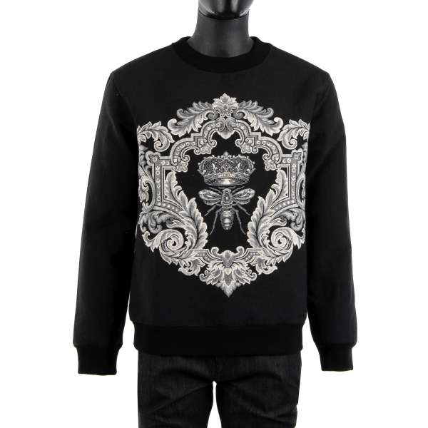 Baroque style, bee and crown embroidered wide cut cotton sweater in black by DOLCE & GABBANA Black Line