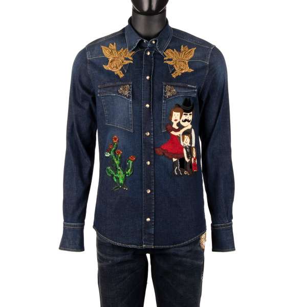 Goldwork hand-embroidered Jeans / Denim shirt with DG Family, roses, crystal bees and cactus applications, push button fastening and two front pockets in blue by DOLCE & GABBANA