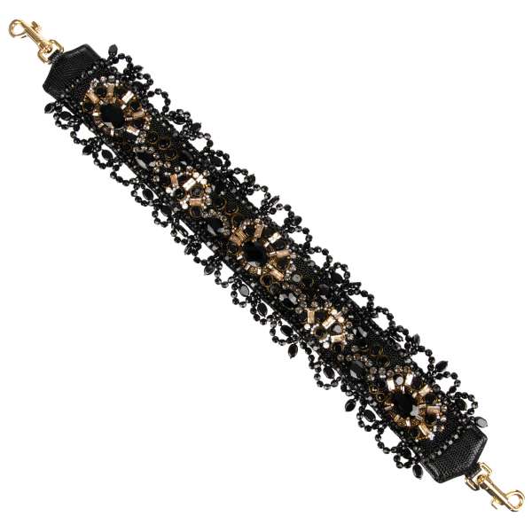 Cotton bag Strap / Handle embellished with hand made crystal and goldwork embroidery in black by DOLCE & GABBANA