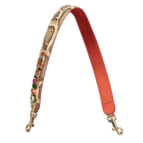 Dauphine and snake leather bag Strap / Handle with colorful crystal applications in beige, red and gold by DOLCE & GABBANA