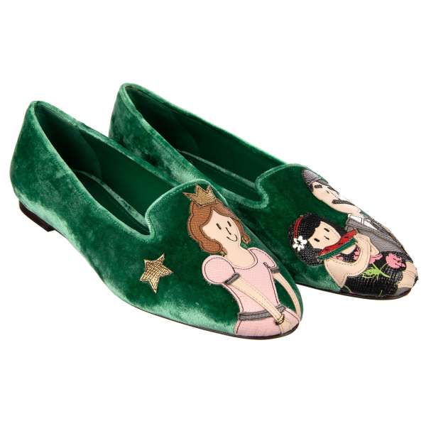 Velvet Ballet Flats AUDREY with DG Family Princess mother and father with a child applications in green by DOLCE & GABBANA