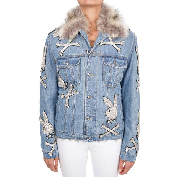Long, with artificial fur stuffed Denim / Jeans Jacket CRYSTAL with Playboy Plein crystals logos, embroidered Playboy X Plein lettering and logo buttons by PHILIPP PLEIN x PLAYBOY