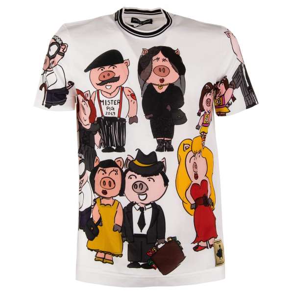 Printed cotton T-Shirt with Pigs print and logo sticker by DOLCE & GABBANA