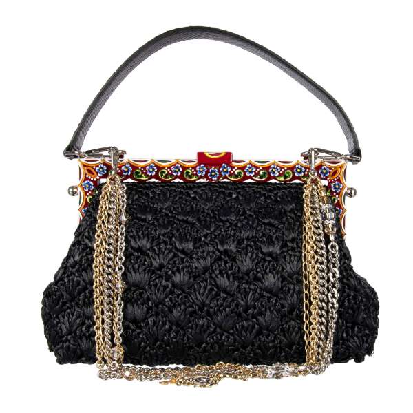 Raffia clutch / evening bag VANDA with jeweled chain strap ,snakeskin strap and carretto siciliano painted frame by DOLCE & GABBANA