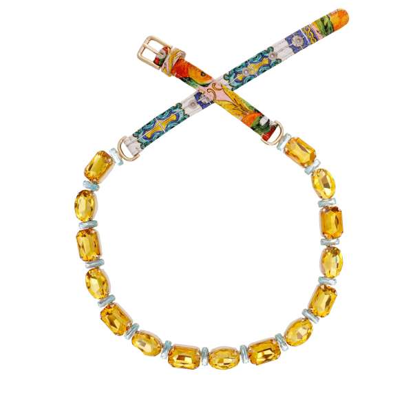 Kette - Gürtel aus Leder und Stoff mit Majolika und Orangen Print und mehrfarbigen Kristallen in Blau und Gold von DOLCE & GABBANA 