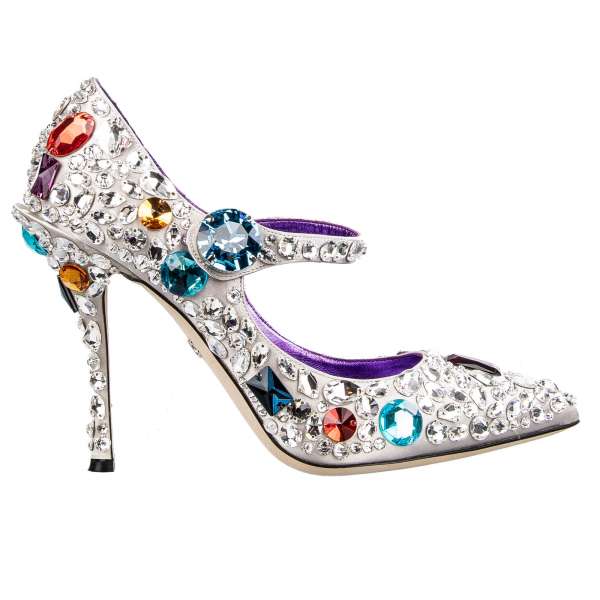 Pointed Embellished Mary Jane Cinderella Pumps LORI in silver with all-over multicolor crystals and large Gift Box by DOLCE & GABBANA