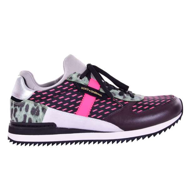 Ladies Sneakers NIGERIA made of calfskin with leopard print and DG logo plaque in pink, black and purple by DOLCE & GABBANA Black Label