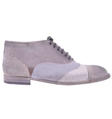 Patchwork Leather and Linen Boots Shoes Gray Beige 41 US 8