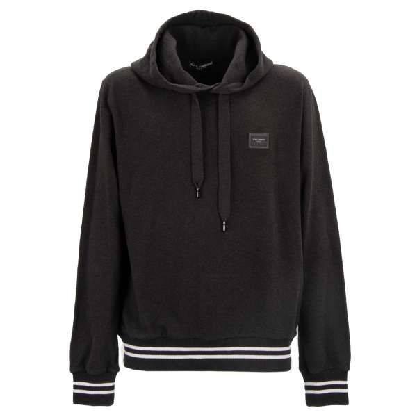 Hoodie Sweater / Pullover mit DG Logo Schild und Kontrast Streifen in dunkel grau von DOLCE & GABBANA