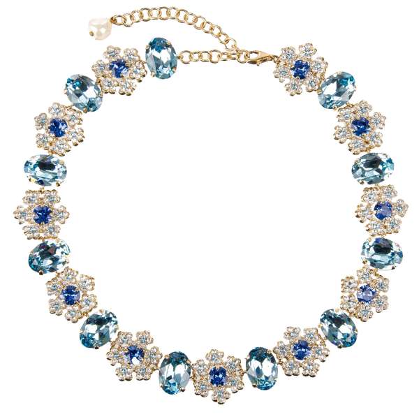 Chocker necklace with snowflakes elements, crystals and pearl in blue and gold by DOLCE & GABBANA