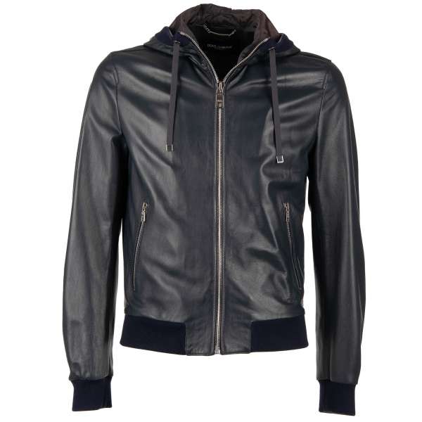 Hooded Nappa Leather Bomber Jacket with zip pockets and logo plate by DOLCE & GABBANA