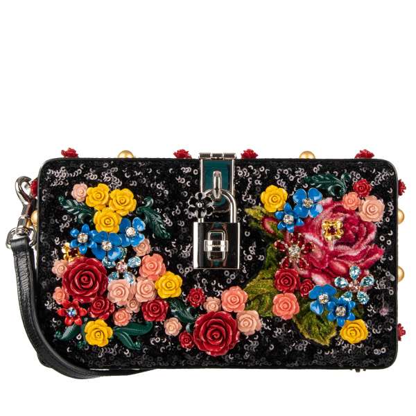 Unique clutch / evening bag DOLCE BOX made of wood and dauphine leather with sequins, studs, floral applications and decorative padlock by DOLCE & GABBANA