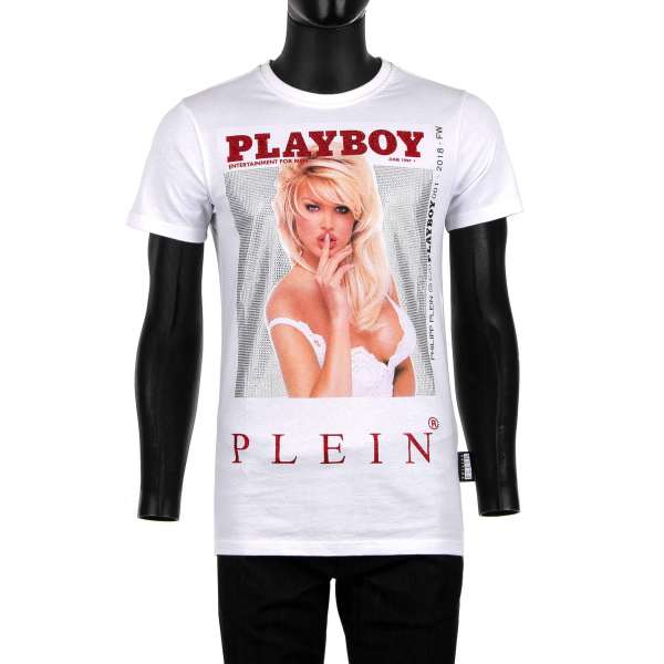 T-Shirt mit Magazin Cover Print von Victoria Silvstedt aus Kristallen vorne und mit Kristallen verziertem' Playboy Plein' Schriftzug auf der Rückseite  von PHILIPP PLEIN x PLAYBOY
